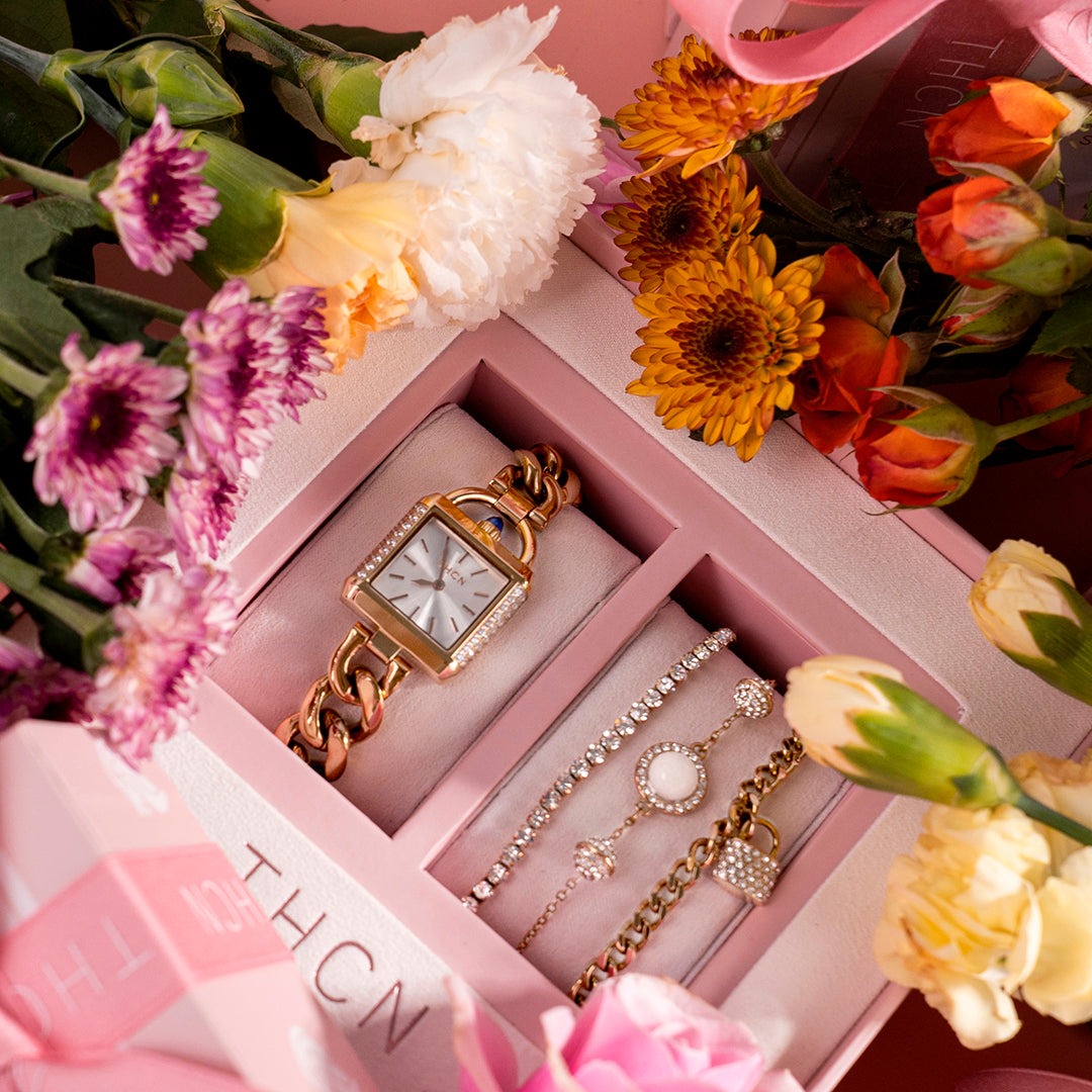 THCN Ladies Rosegold Watch & White Onyx Bracelets Gift Set (One Watch & Three Free Bracelets)