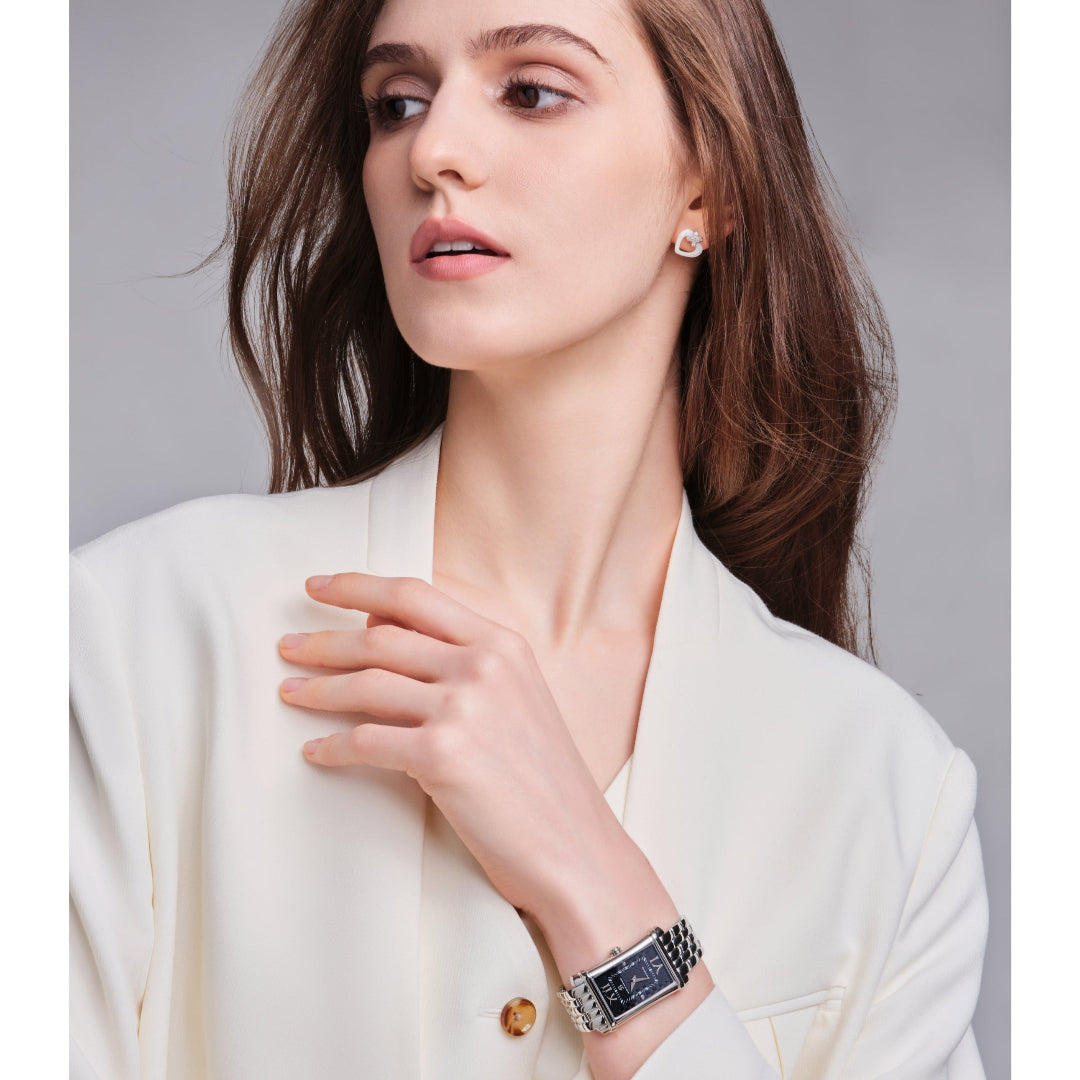 Monica 27*42mm Black Guilloche Dial Genuine Diamonds Silver Bracelet Watch - 4B1270 - Model wearing - Black By Blue Brave