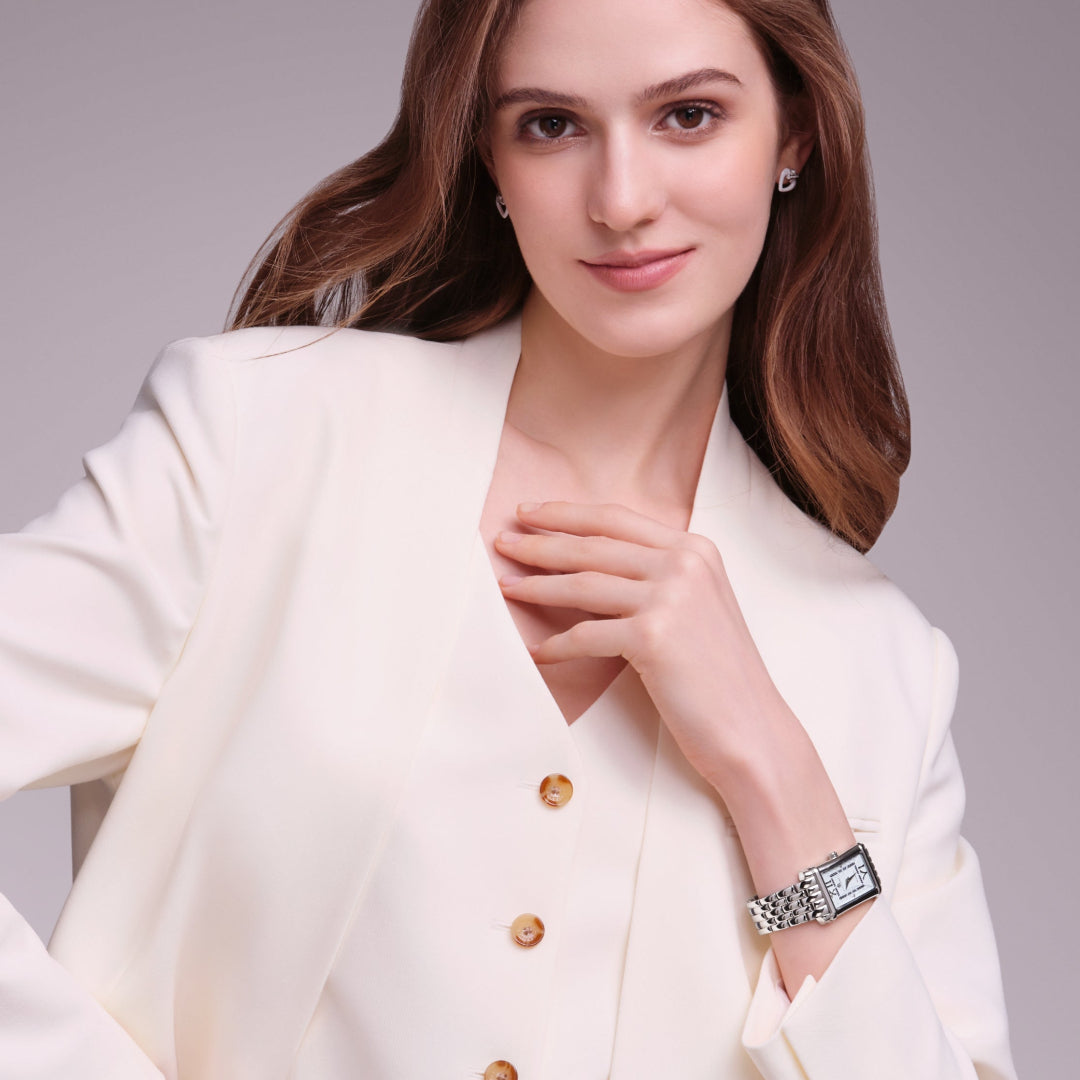 Monica 27*42mm White Guilloche Dial Genuine Diamonds Silver Bracelet Watch - 4B1271 - Model wearing - Black By Blue Brave