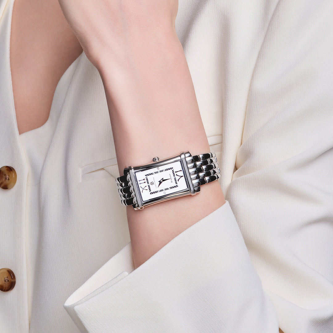 Monica 27*42mm White Guilloche Dial Genuine Diamonds Silver Bracelet Watch - 4B1271 - wrist - Black By Blue Brave