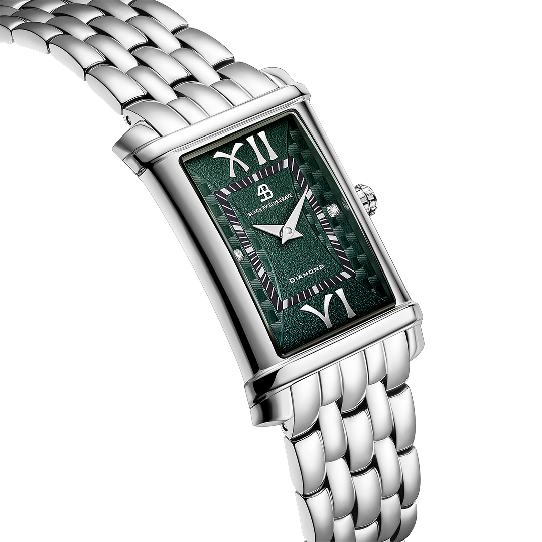Monica 27*42mm Green Guilloche Dial Genuine Diamonds Silver Bracelet Watch - 4B1272 - side view - Black By Blue Brave