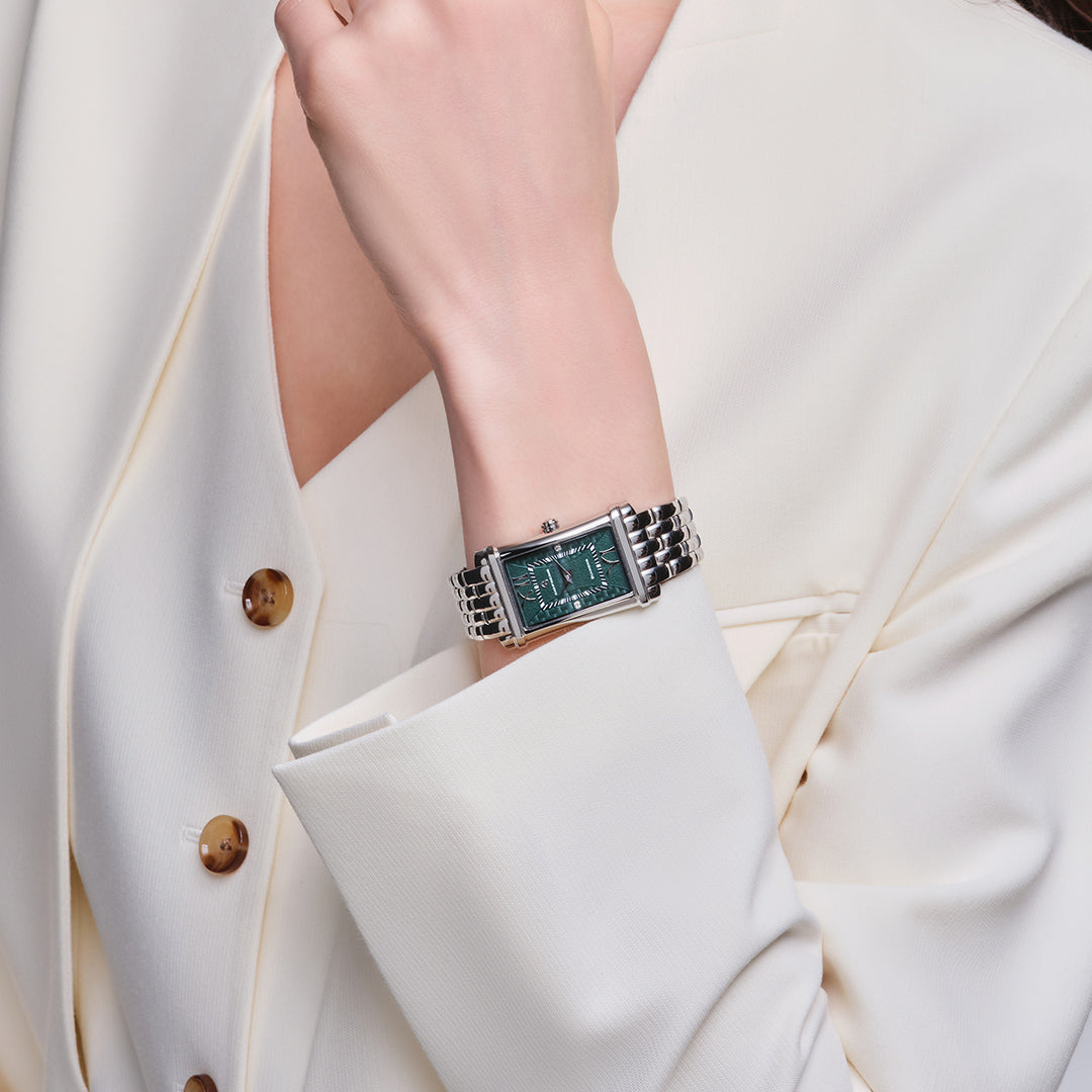 Monica 27*42mm Green Guilloche Dial Genuine Diamonds Silver Bracelet Watch - 4B1272 - wrist - Black By Blue Brave