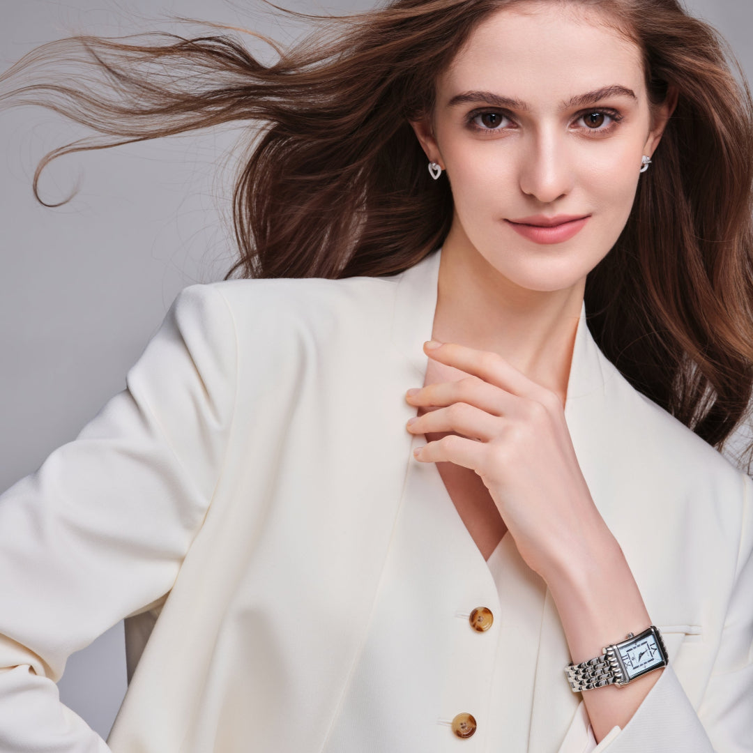 Monica 27*42mm Blue Guilloche Dial Genuine Diamonds Silver Bracelet Watch - 4B1274 - Model wearing - Black By Blue Brave