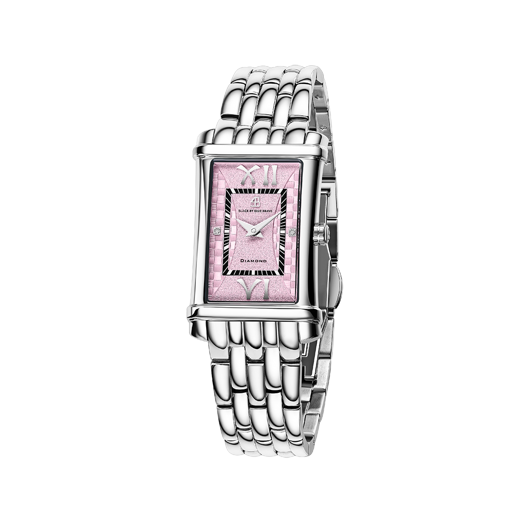 Monica 27*42mm Pink Guilloche Dial Genuine Diamonds Silver Bracelet Watch - 4B1275 - front - Black By Blue Brave