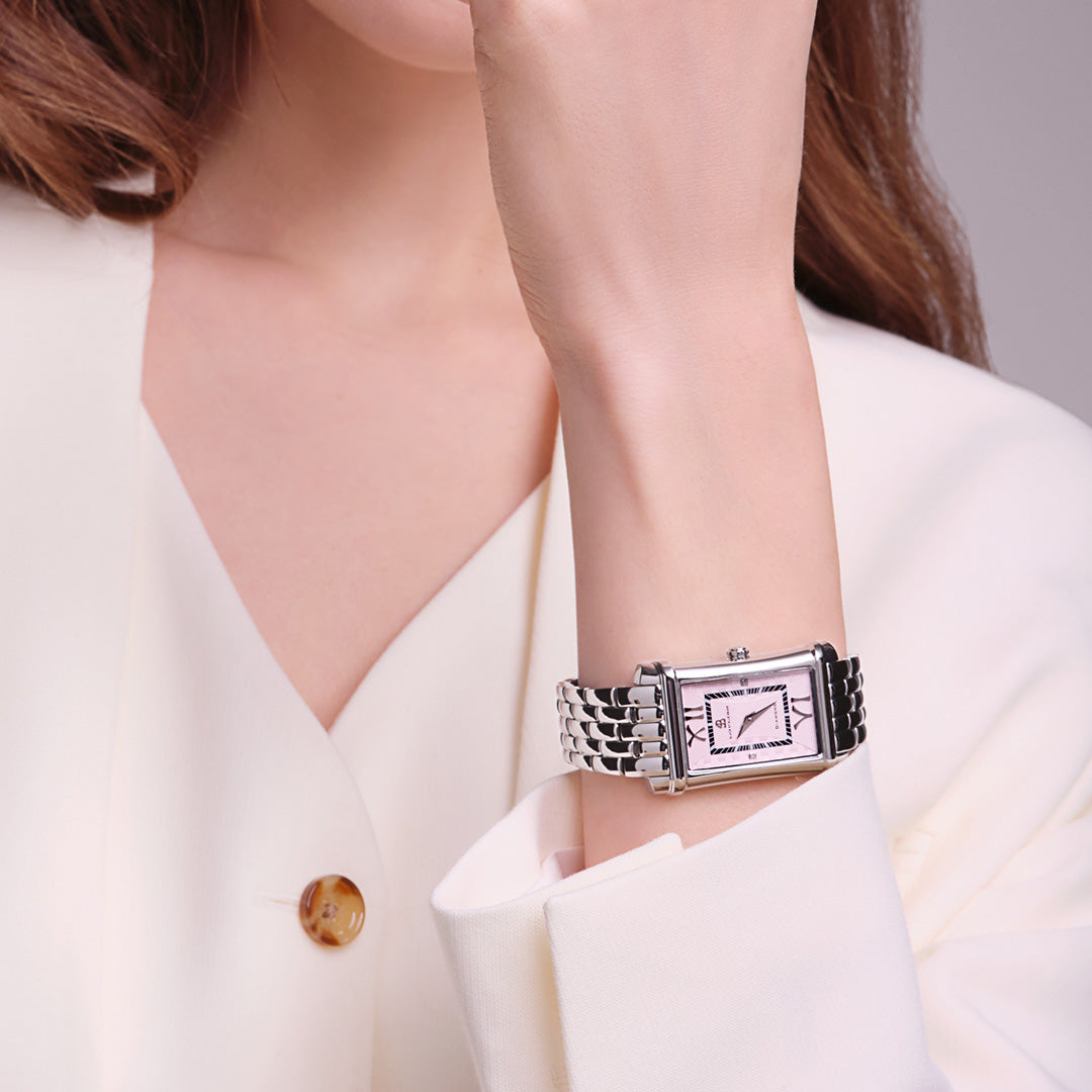 Monica 27*42mm Pink Guilloche Dial Genuine Diamonds Silver Bracelet Watch - 4B1275 - wrist - Black By Blue Brave