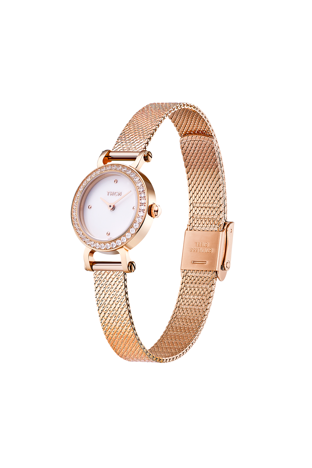 THCN C· I Eggshell White Dial Rose Gold Mesh Band Watch