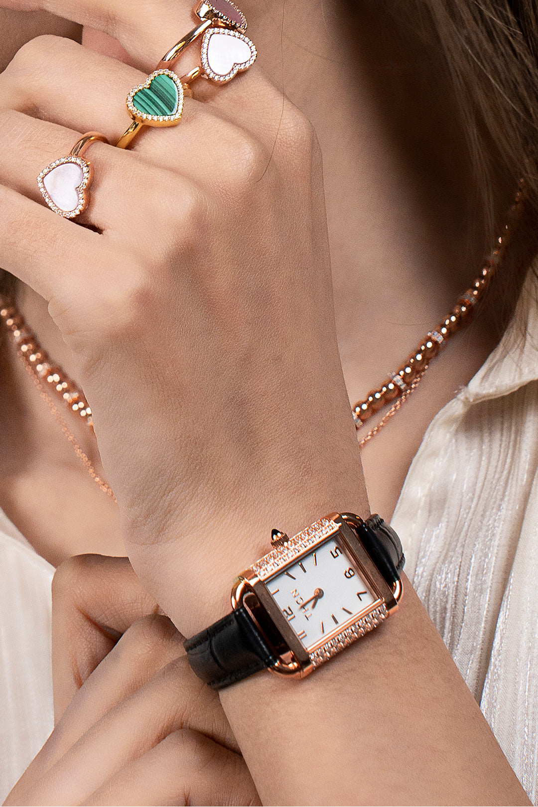 THCN H· II Eggshell White Dial Black Leather Strap Watch