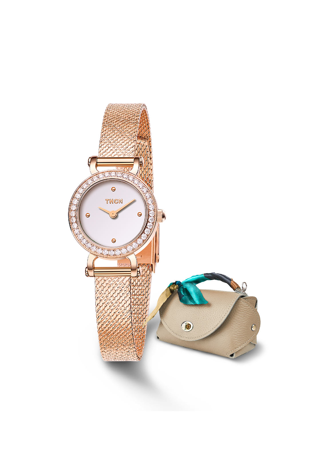 Eggshell Rose Gold Mesh Band Watch with Gray Bag Gift Set