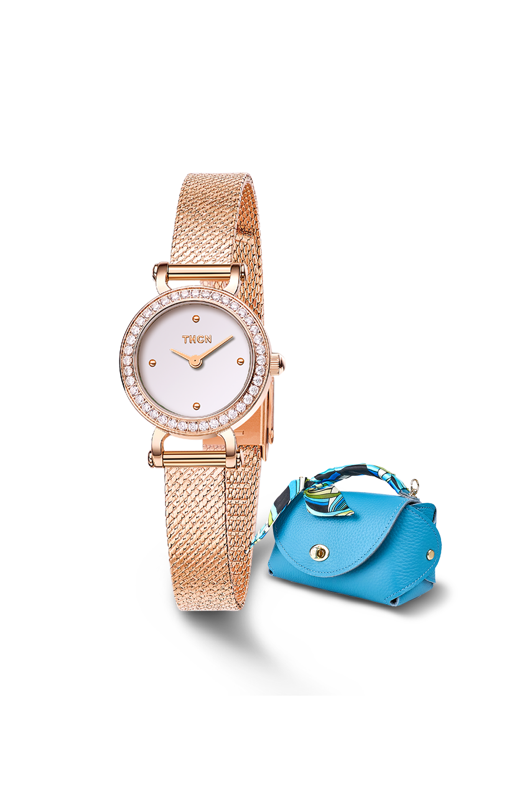 Eggshell Rose Gold Mesh Band Watch with Blue Bag Gift Set