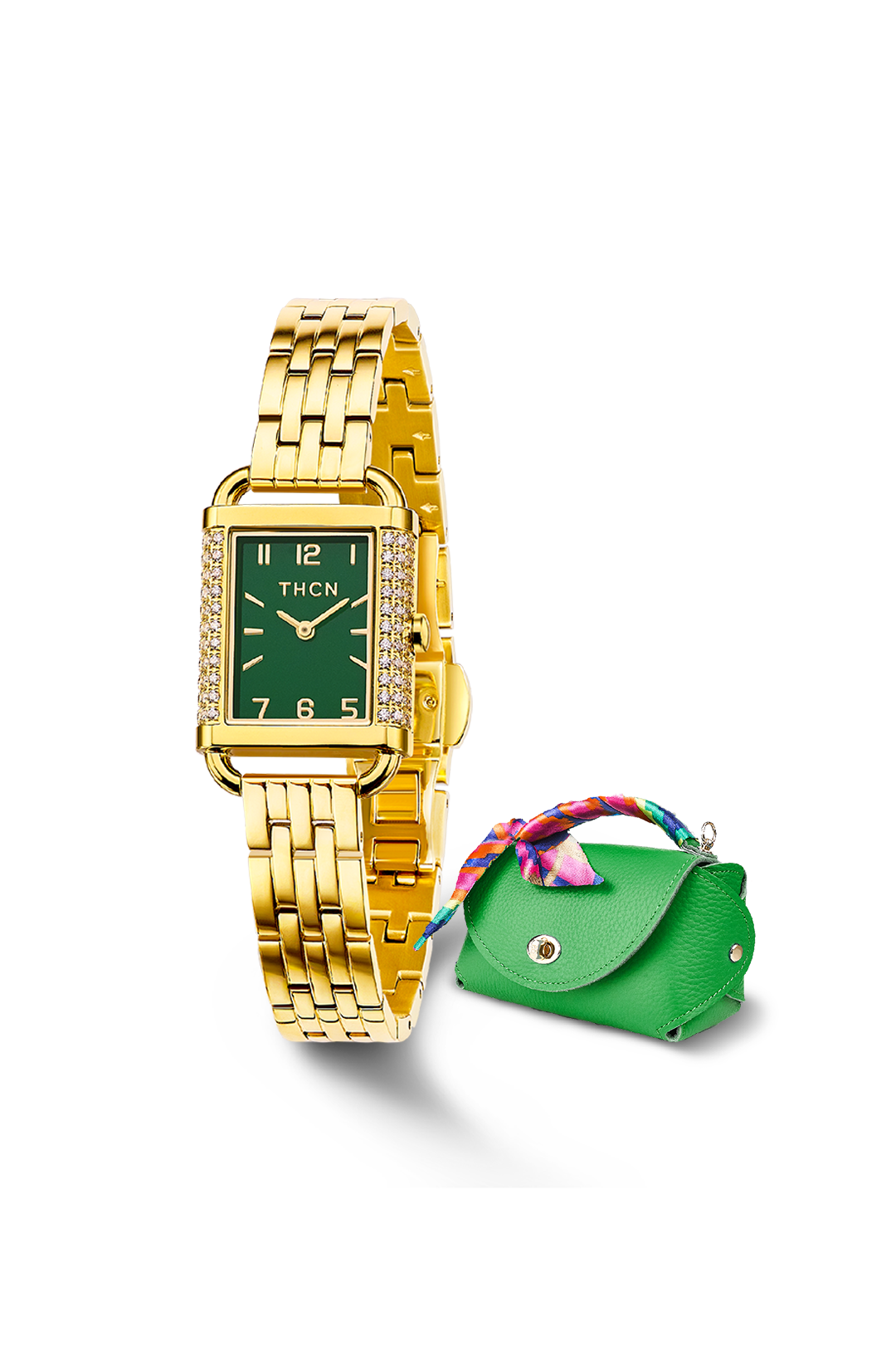 Eggshell Gold Bracelet Watch with Green Bag Gift Set