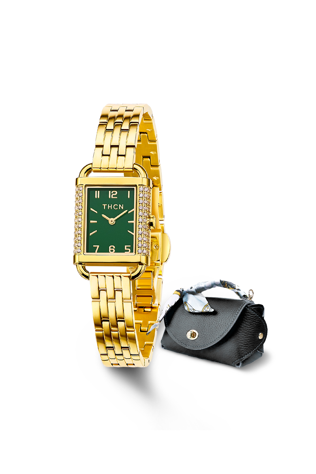 Eggshell Gold Bracelet Watch with Black Bag Gift Set
