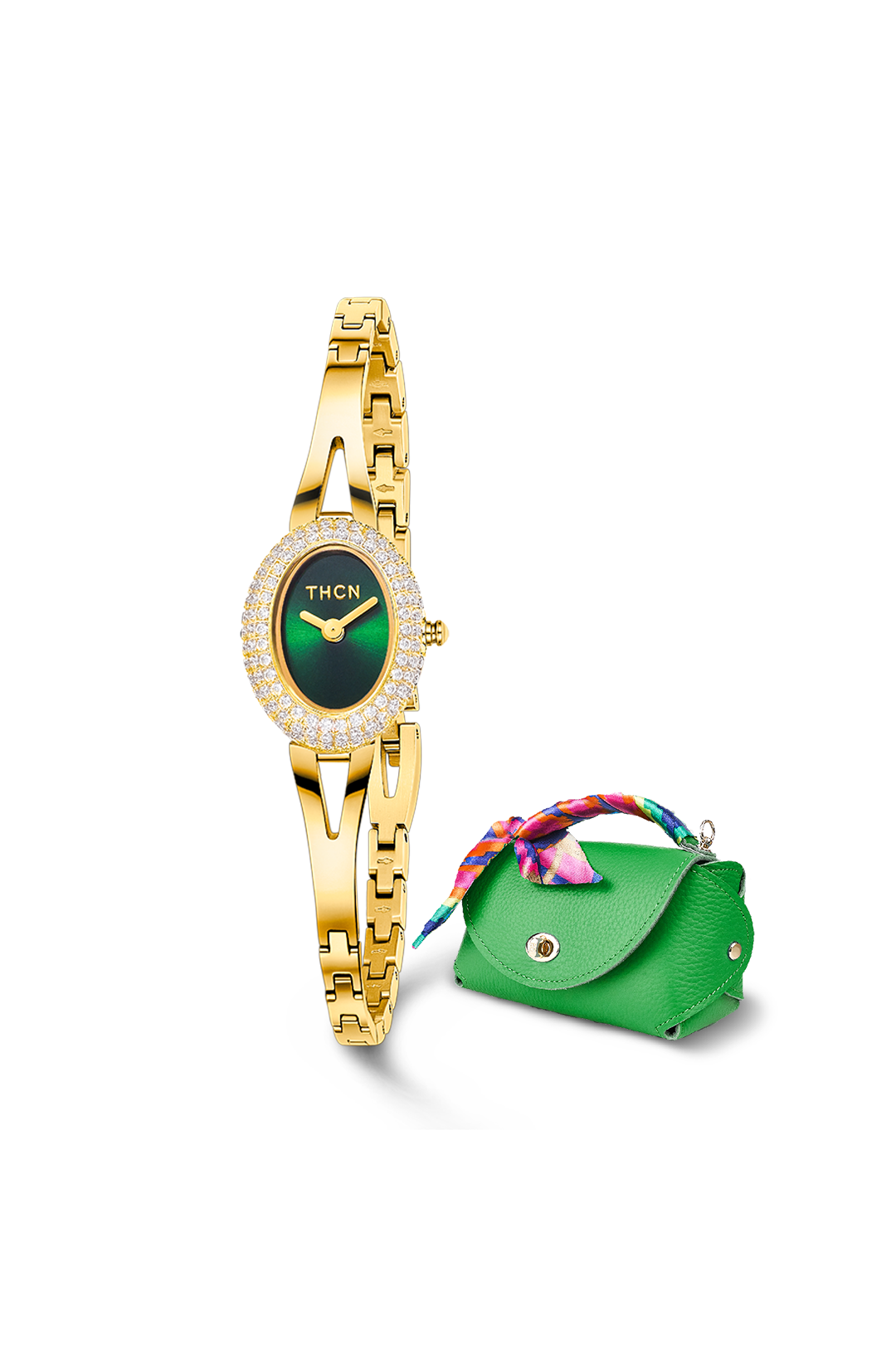 Green Dial Gold Jewelry Watch with Green Bag Gift Set