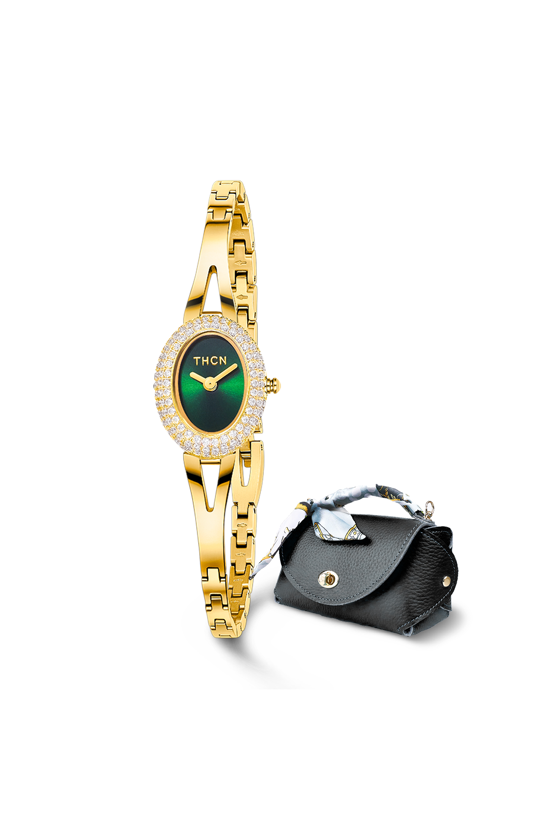 Green Dial Gold Jewelry Watch with Black Bag Gift Set
