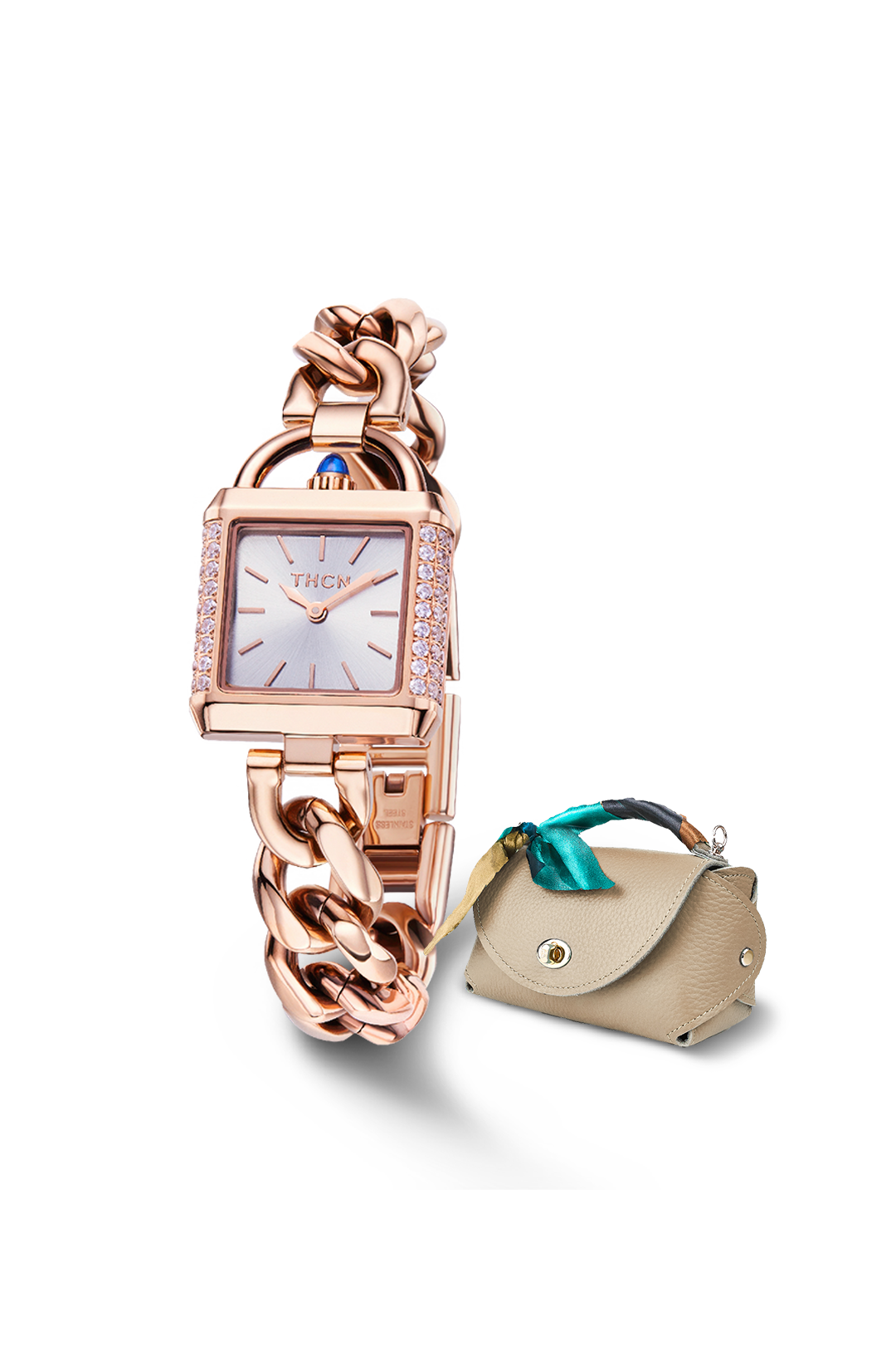 Rose Gold Chain-Link Watch with Gray Bag Gift Set