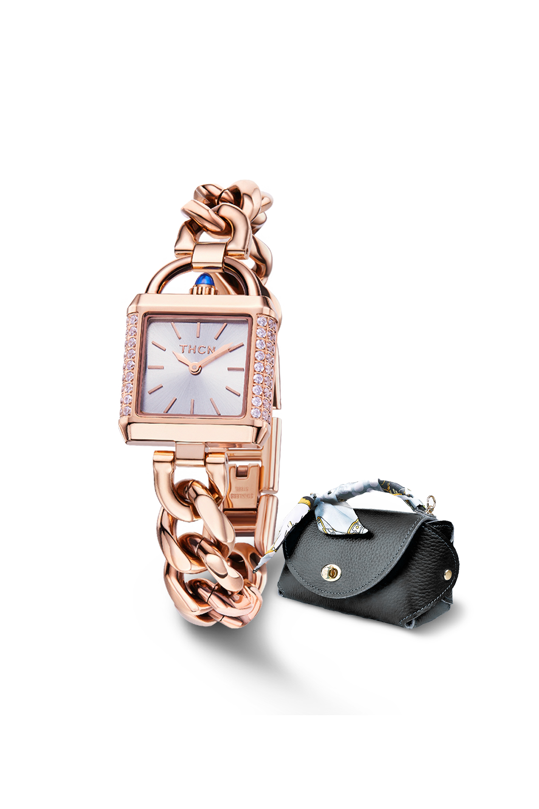 Rose Gold Chain-Link Watch with Black Bag Gift Set