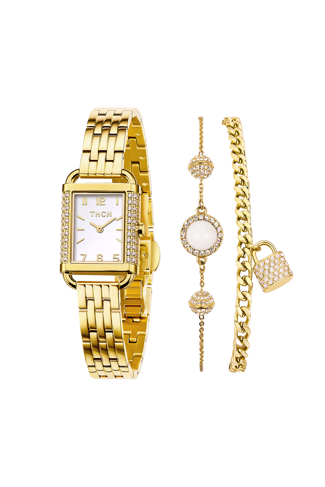 White Dial Gold Bracelet Watch with Two Bracelets Gift Set