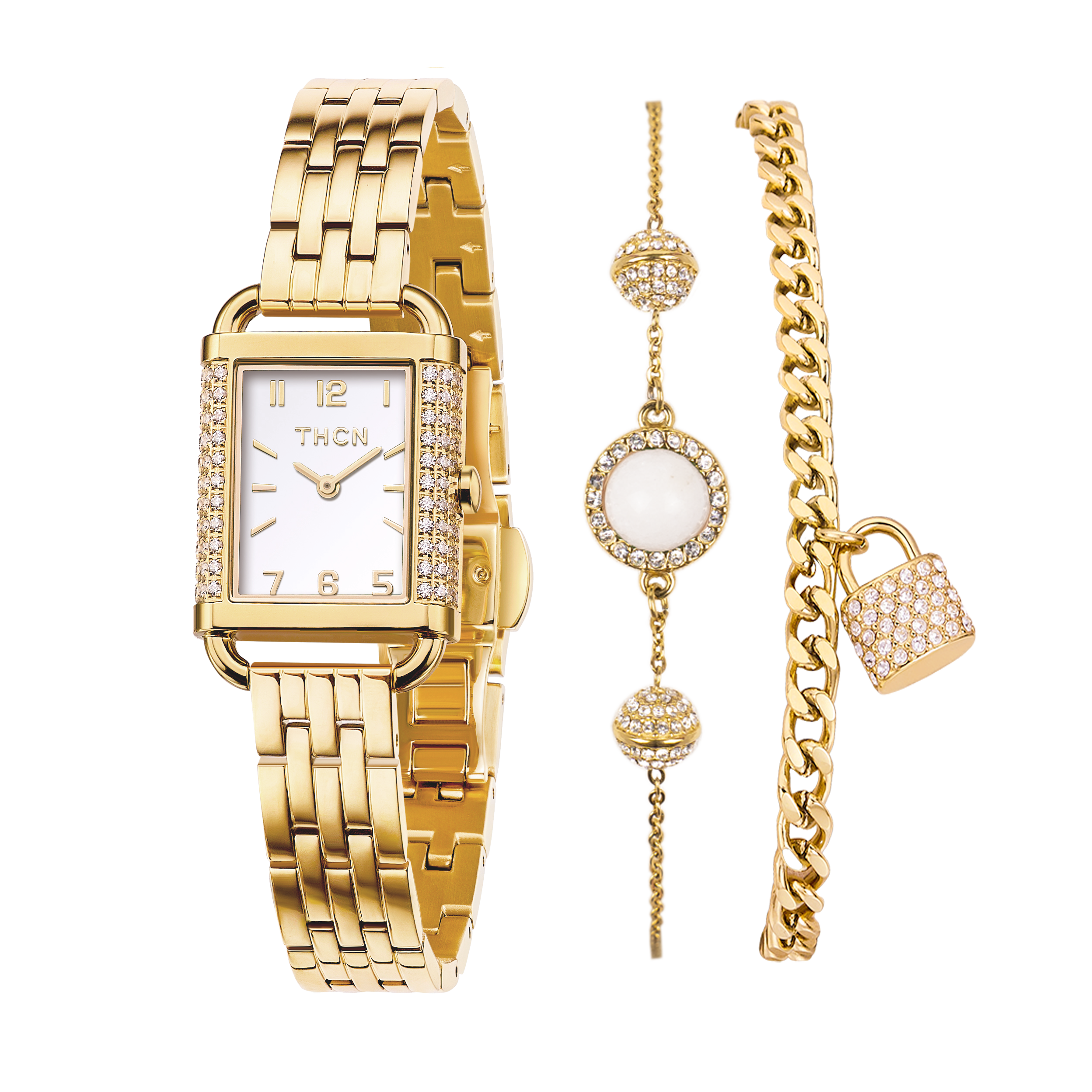 THCN Ladies Gold Watch & White Onyx Bracelets Gift Set (One Watch & Two Bracelets)