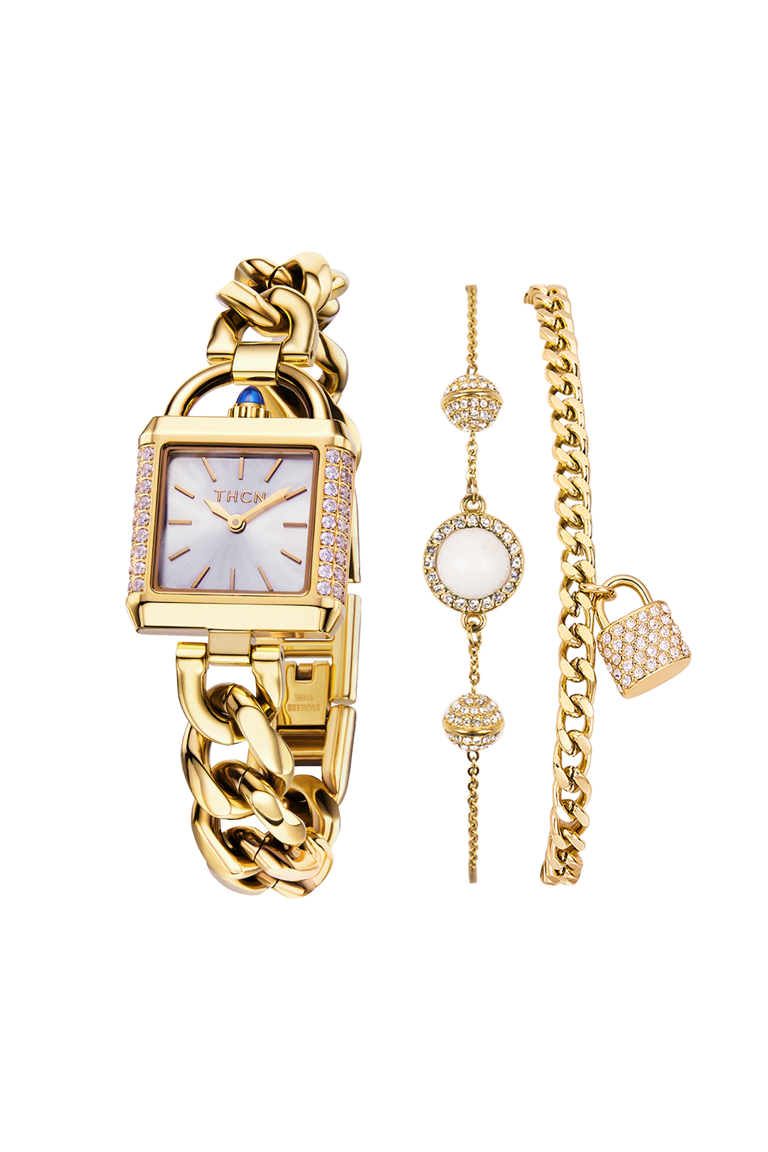 White Dial Gold Chain-Link Watch with Two Bracelets Gift Set