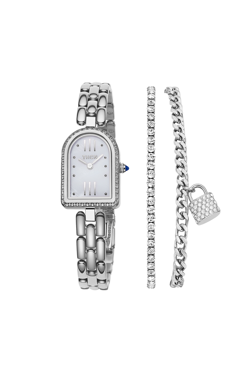 Silver Dial Chain-Link Watch with Two Bracelets Gift Set