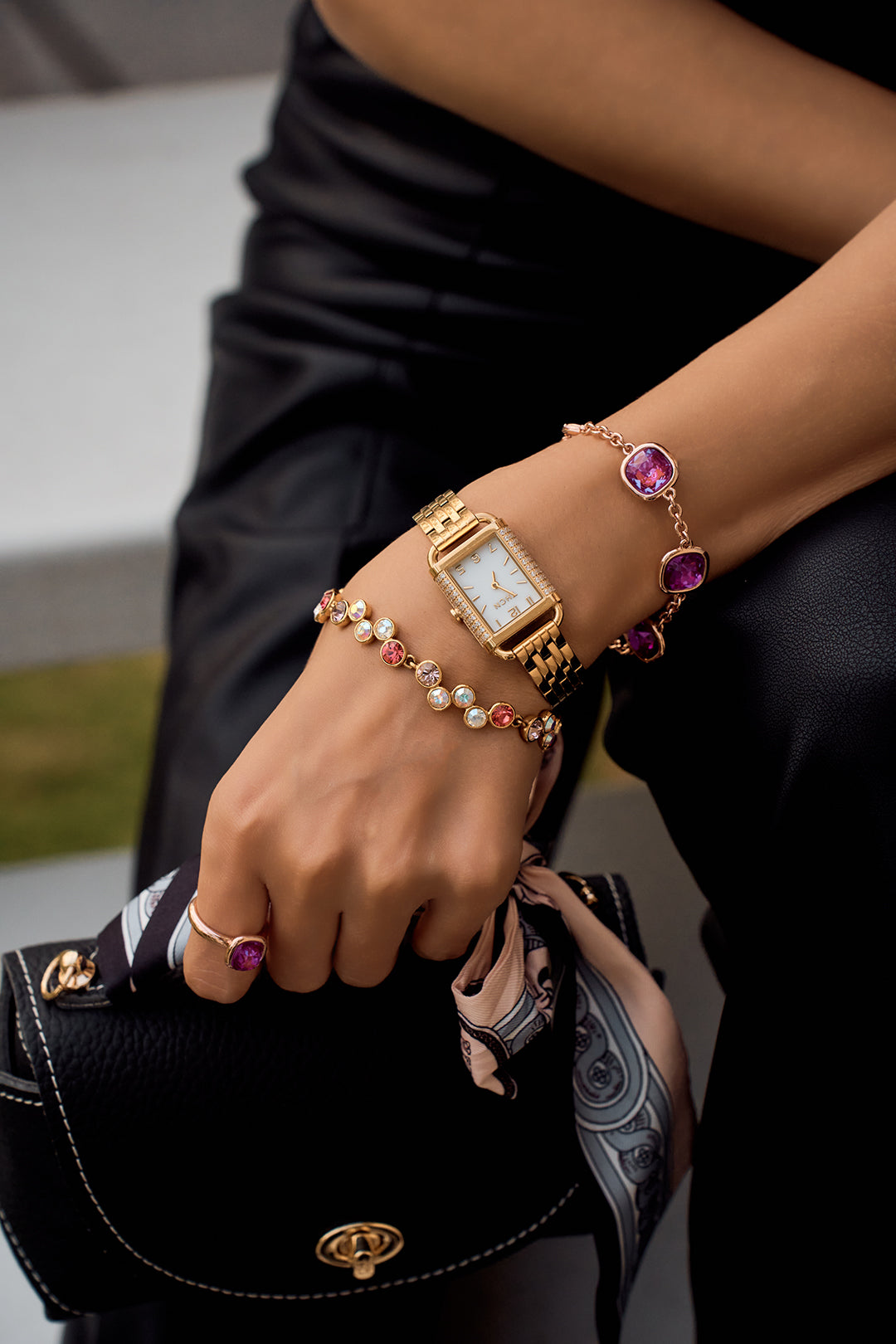 Everly M Genuine Pebble Black Leather Saddle Bag and Scarf