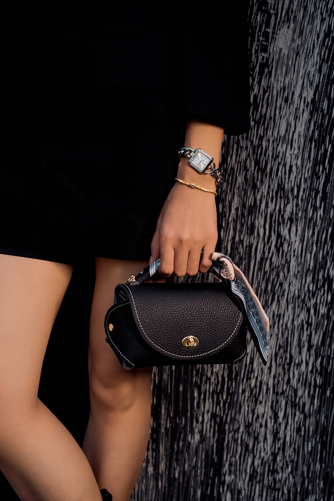 Everly M Genuine Pebble Black Leather Saddle Bag and Scarf