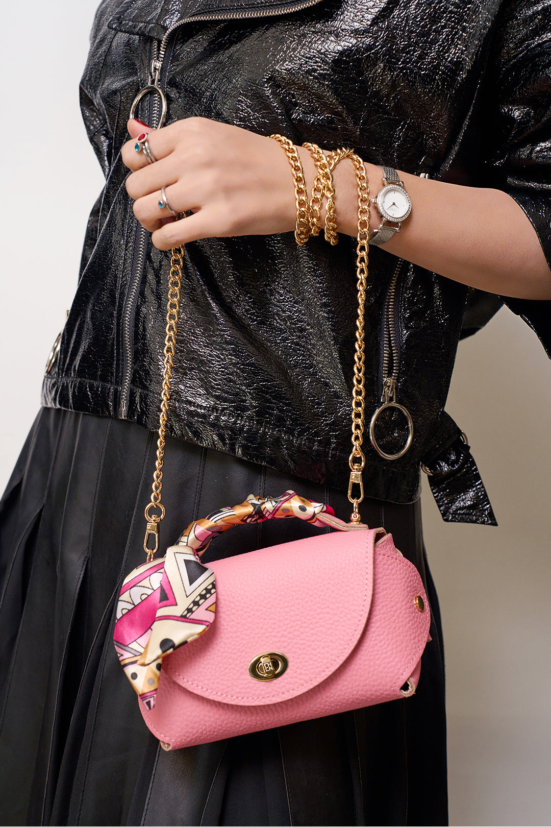 Everly M Genuine Pebble Pink Leather Saddle Bag and Scarf