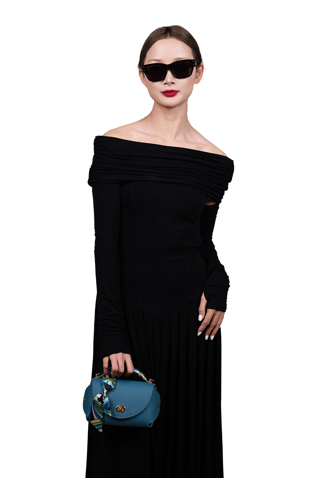 Everly M Genuine Pebble Blue Leather Saddle Bag and Scarf