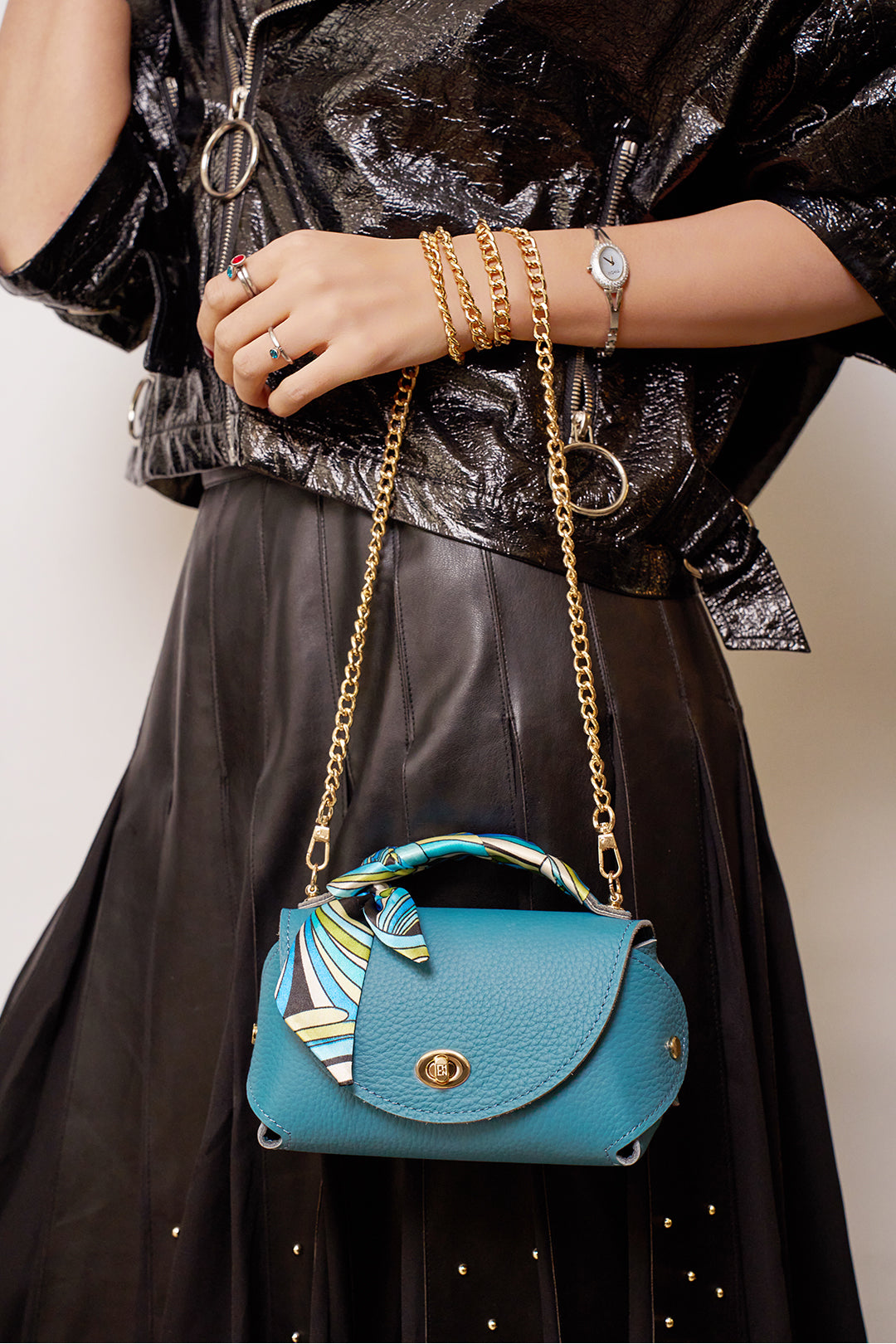 Everly M Genuine Pebble Blue Leather Saddle Bag and Scarf