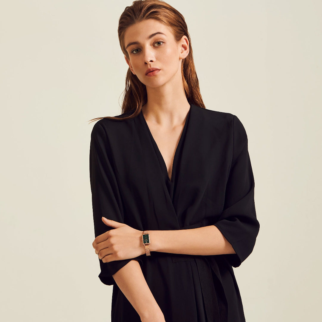 Vesta 20*27mm Green Dial Genuine Diamond Rosegold Bracelet Watch - 4B6020 - Model wearing - Black By Blue Brave
