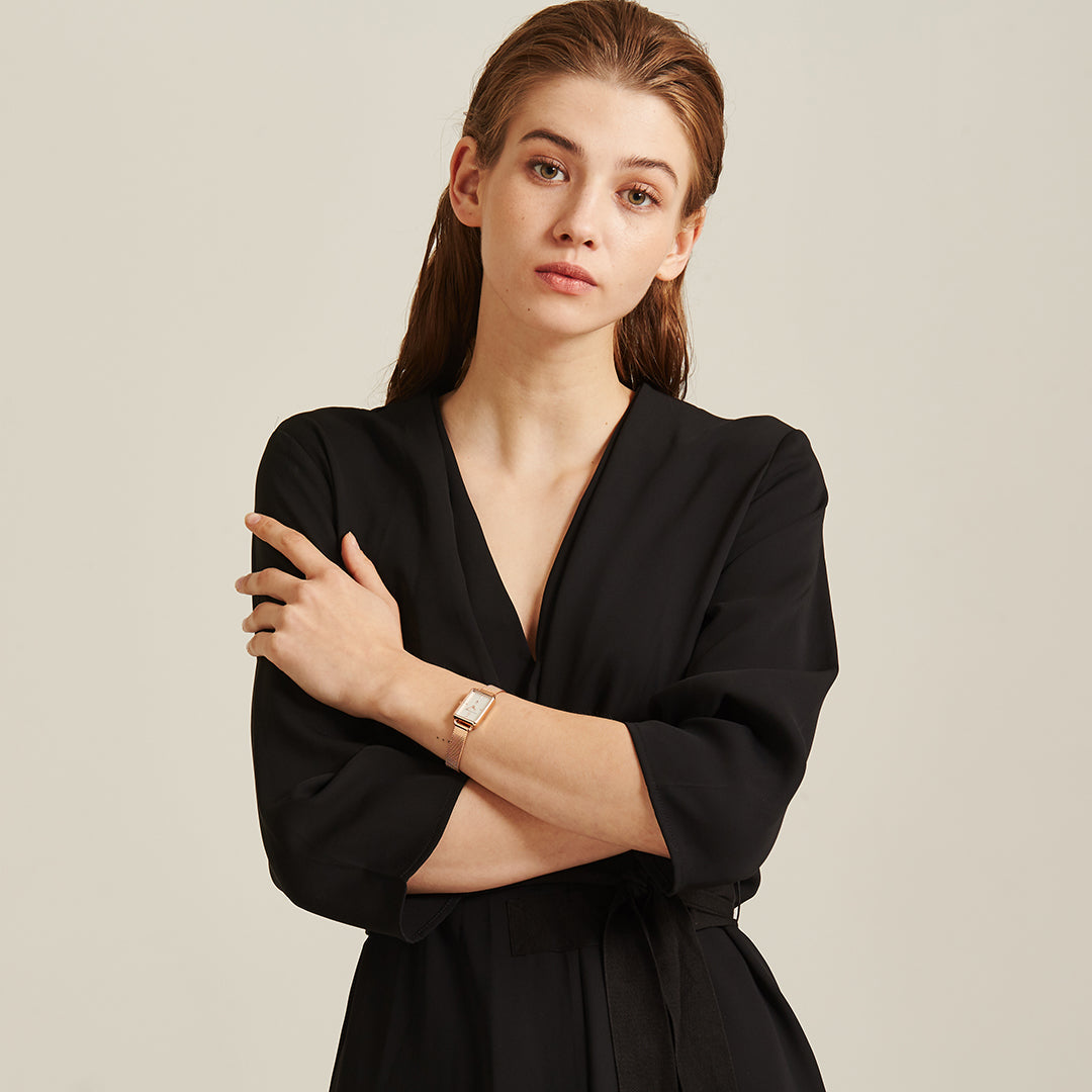 Vesta 20*27mm White Dial Genuine Diamond Rosegold Bracelet Watch - 4B6021 - Model wearing - Black By Blue Brave
