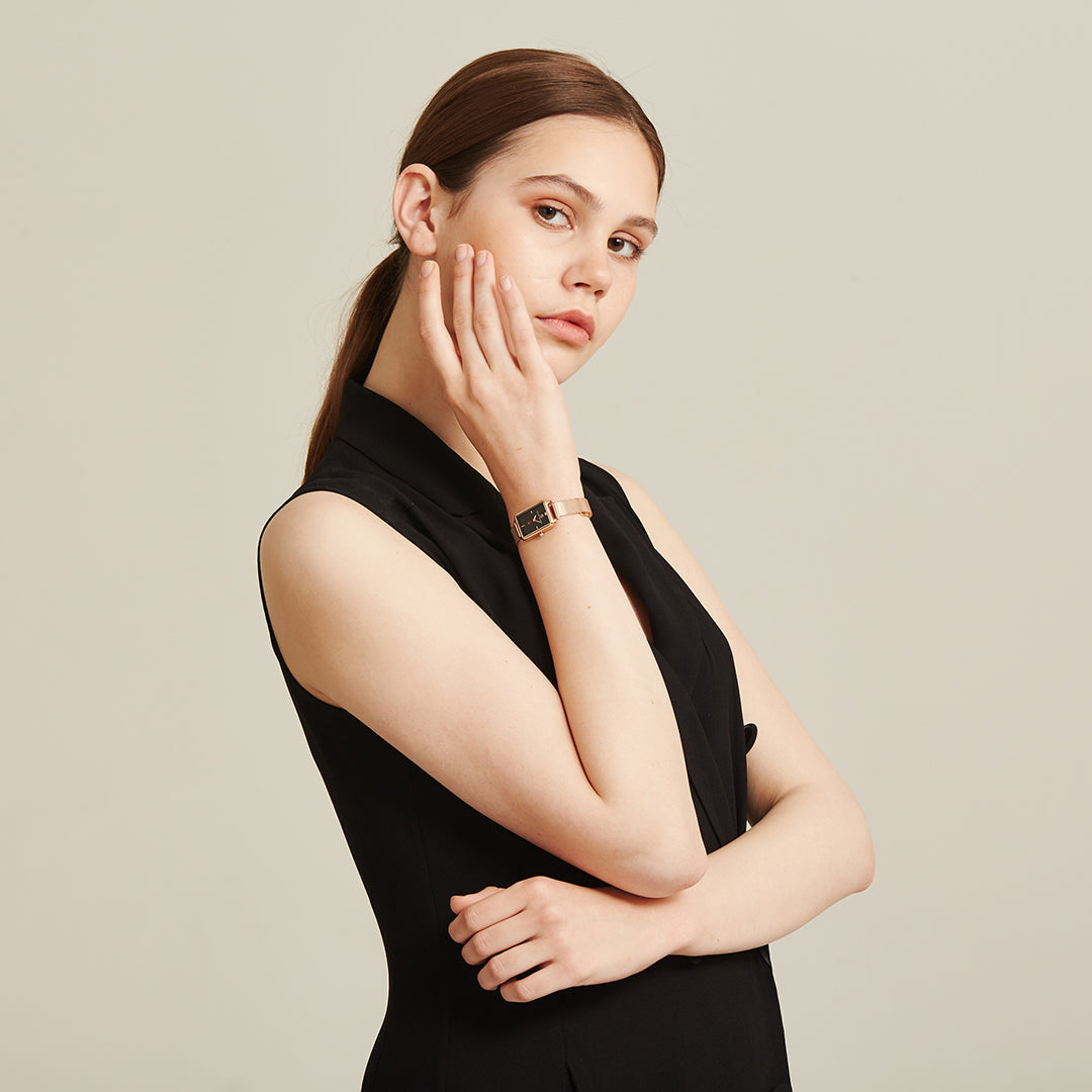 Vesta 20*27mm Black Dial Genuine Diamond Rosegold Bracelet Watch - 4B6023 - Model wearing - Black By Blue Brave
