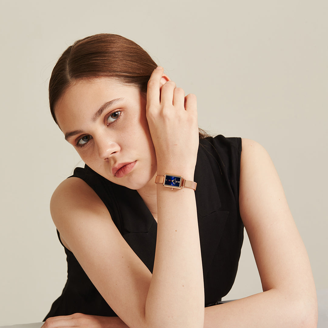 Vesta 20*27mm Blue Dial Genuine Diamond Rosegold Bracelet Watch - 4B6024 - Model wearing - Black By Blue Brave
