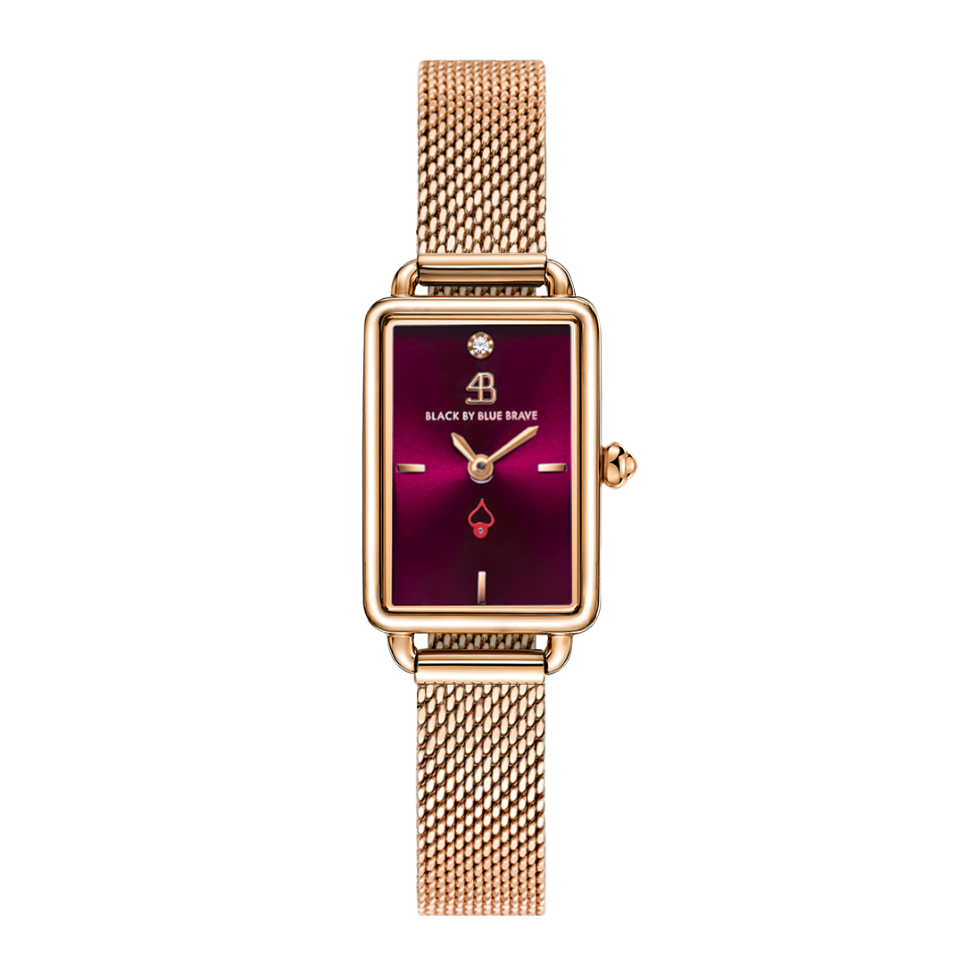 Vesta 20*27mm Ruby Red Dial Genuine Diamond Rosegold Bracelet Watch - 4B6025 - front - Black By Blue Brave
