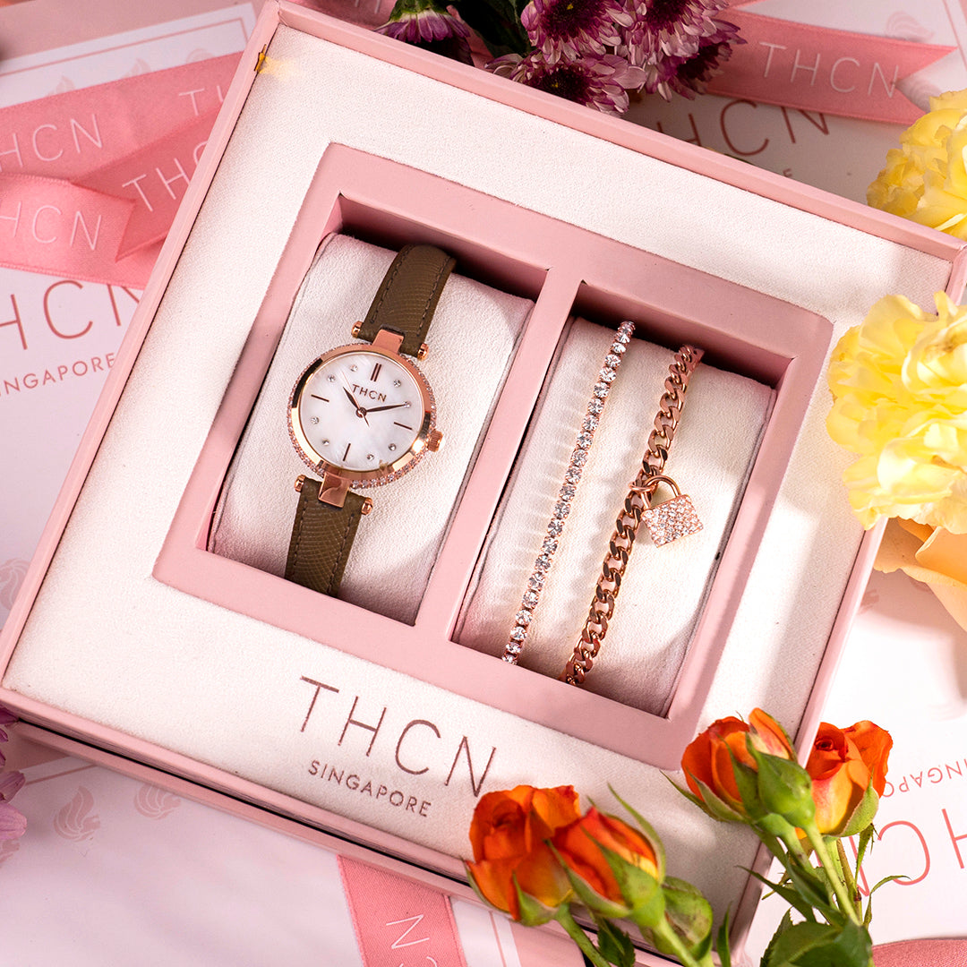 THCN Ladies Brown Leather Watch & Rosegold Bracelets Gift Set (One Watch & Two Free Bracelets)