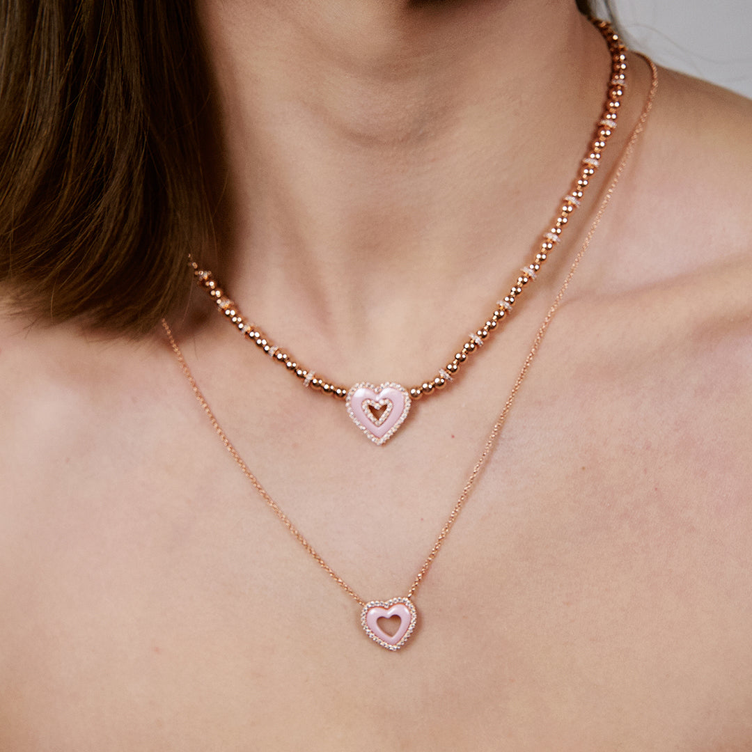 Love Heart White Ceramic Necklace 18K Rose Gold Plated