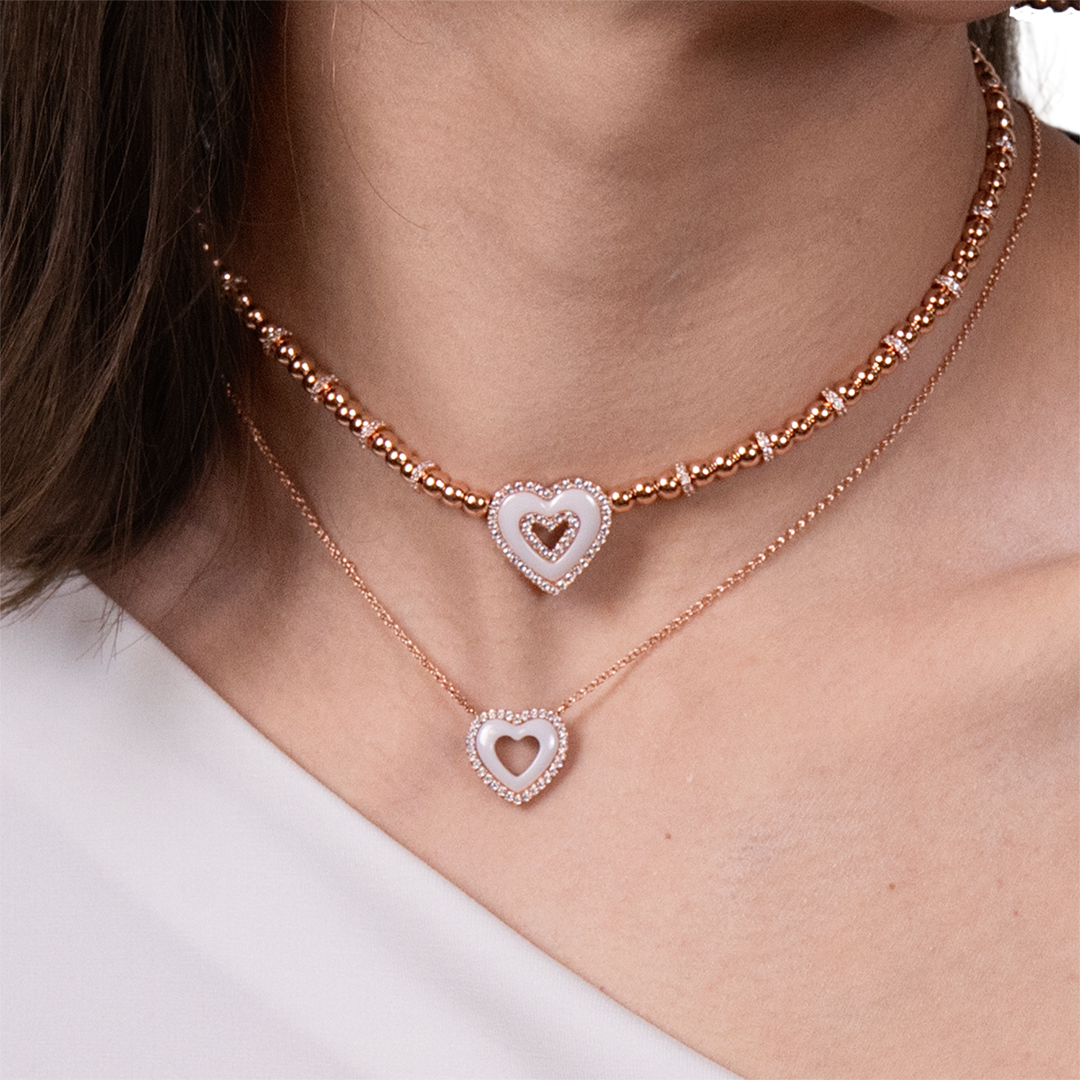 Love Heart White Ceramic Necklace 18K Rose Gold Plated