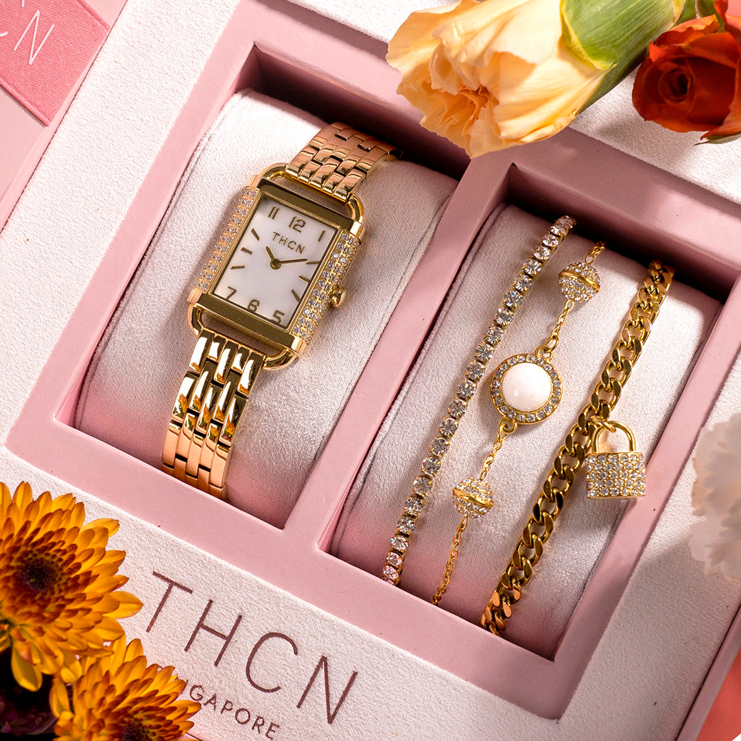THCN Ladies Gold Watch & White Onyx Bracelets Gift Set (One Watch & Three Free Bracelets)