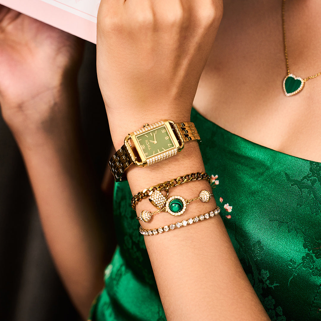 THCN Ladies Gold Watch & Malachite Bracelets Gift Set (One Watch & Three Free Bracelets)