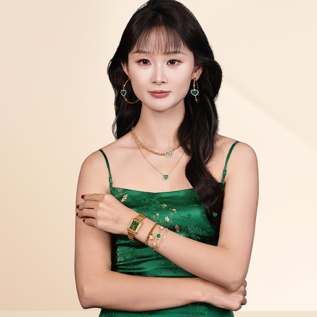 THCN Ladies Gold Watch & Malachite Bracelets Gift Set (One Watch & Three Free Bracelets)