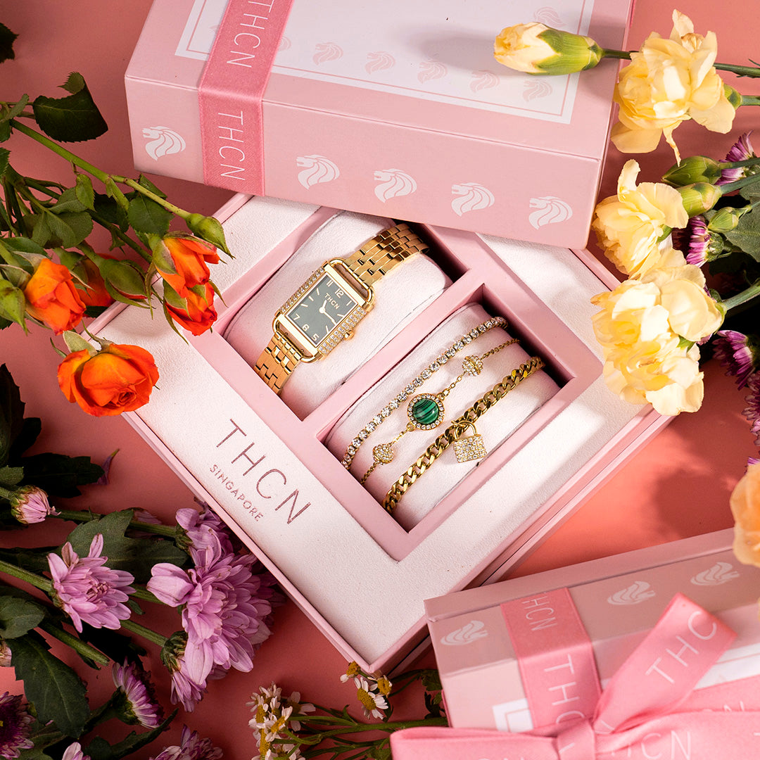 THCN Ladies Gold Watch & Malachite Bracelets Gift Set (One Watch & Three Free Bracelets)