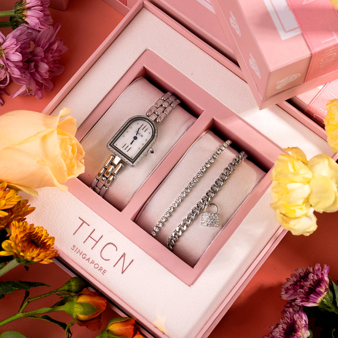 THCN Ladies Silver Watch & Bracelets Gift Set (One Watch & Two Free Bracelets)