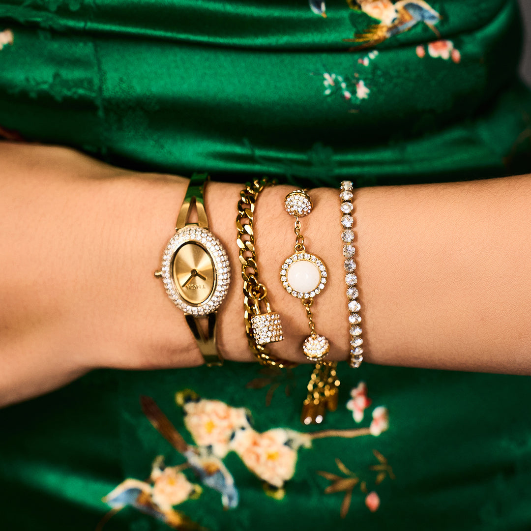 THCN Ladies Gold Watch & White Onyx Bracelets Gift Set (One Watch & Three Free Bracelets)