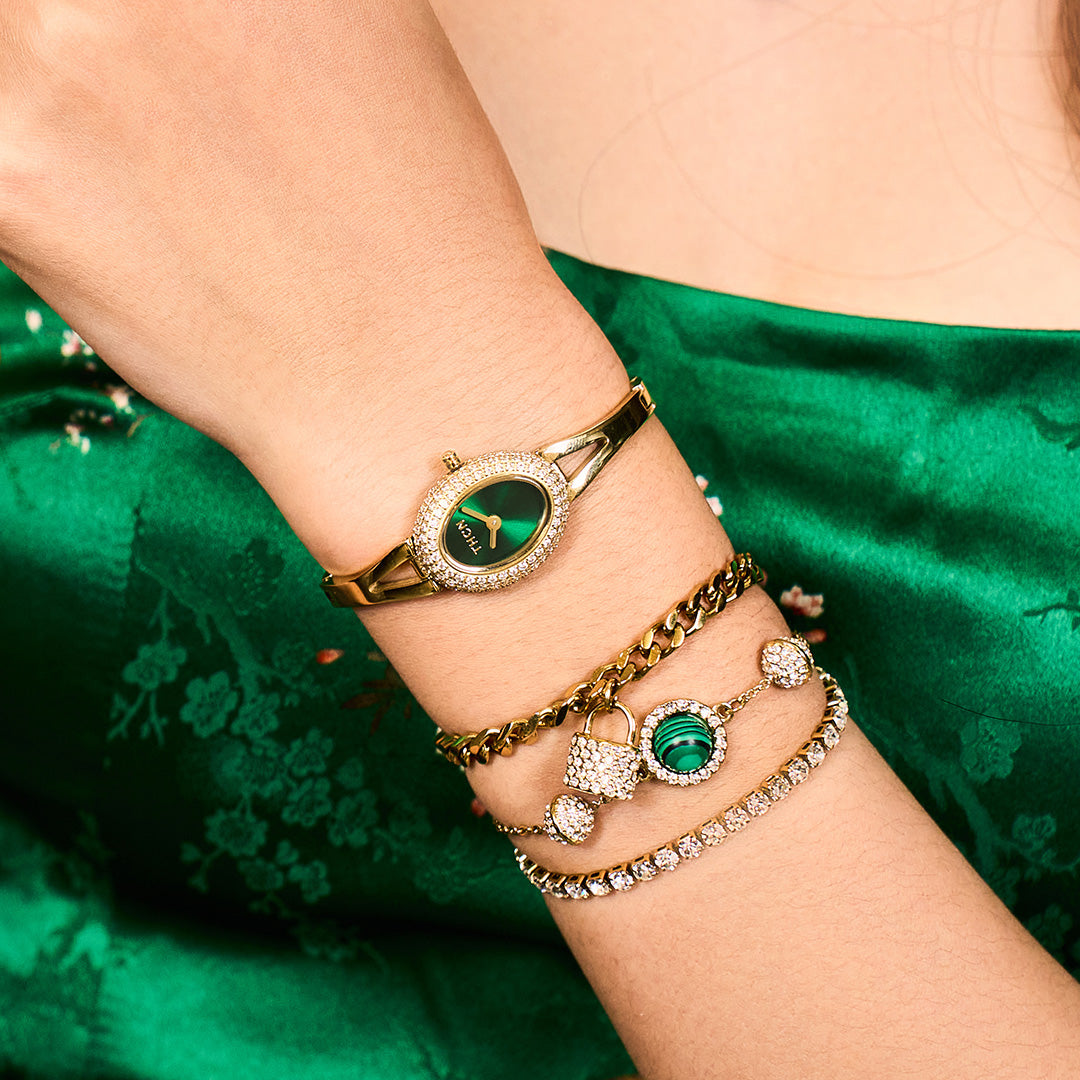 THCN Ladies Gold Watch & Malachite Bracelets Gift Set (One Watch & Three Free Bracelets)