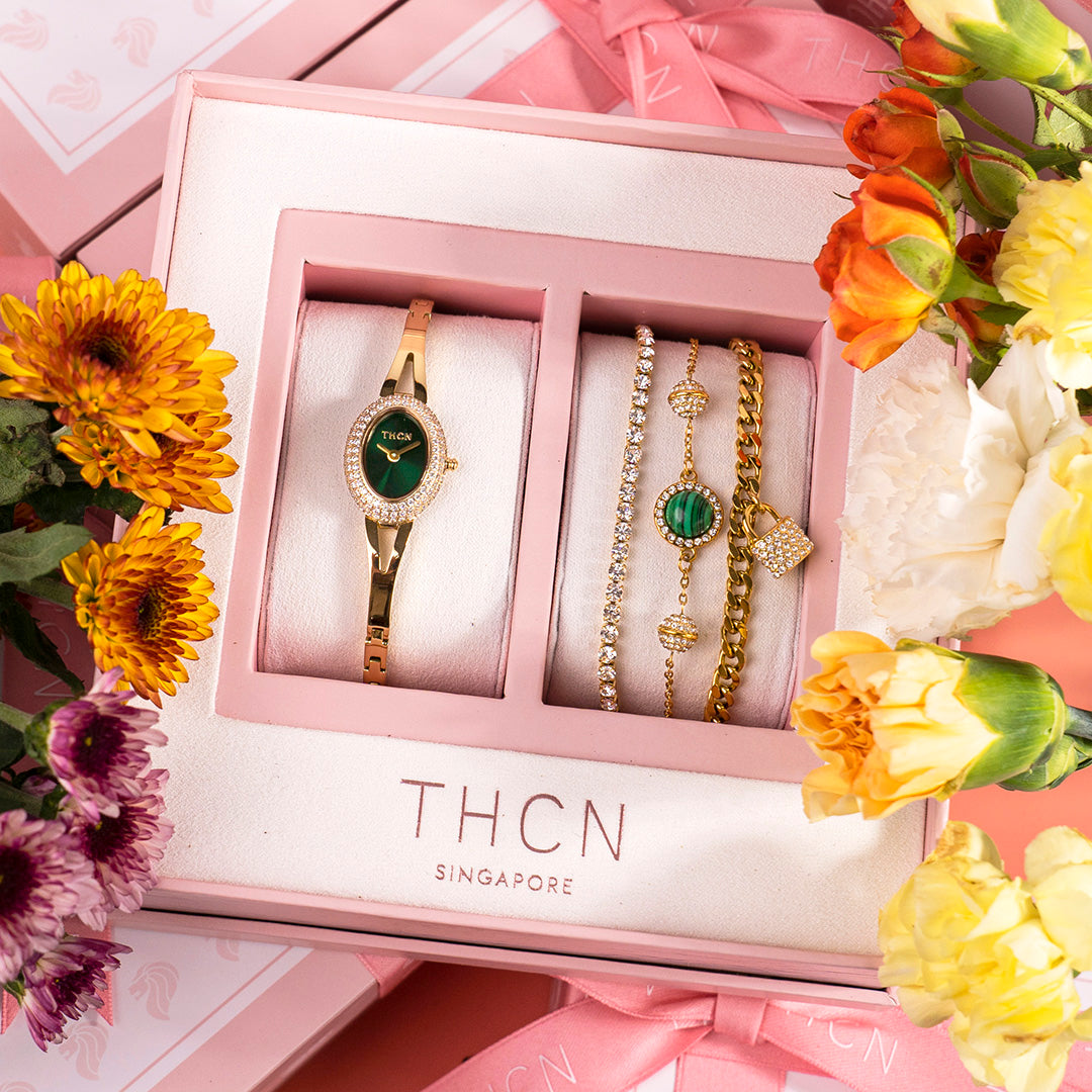 THCN Ladies Gold Watch & Malachite Bracelets Gift Set (One Watch & Three Free Bracelets)