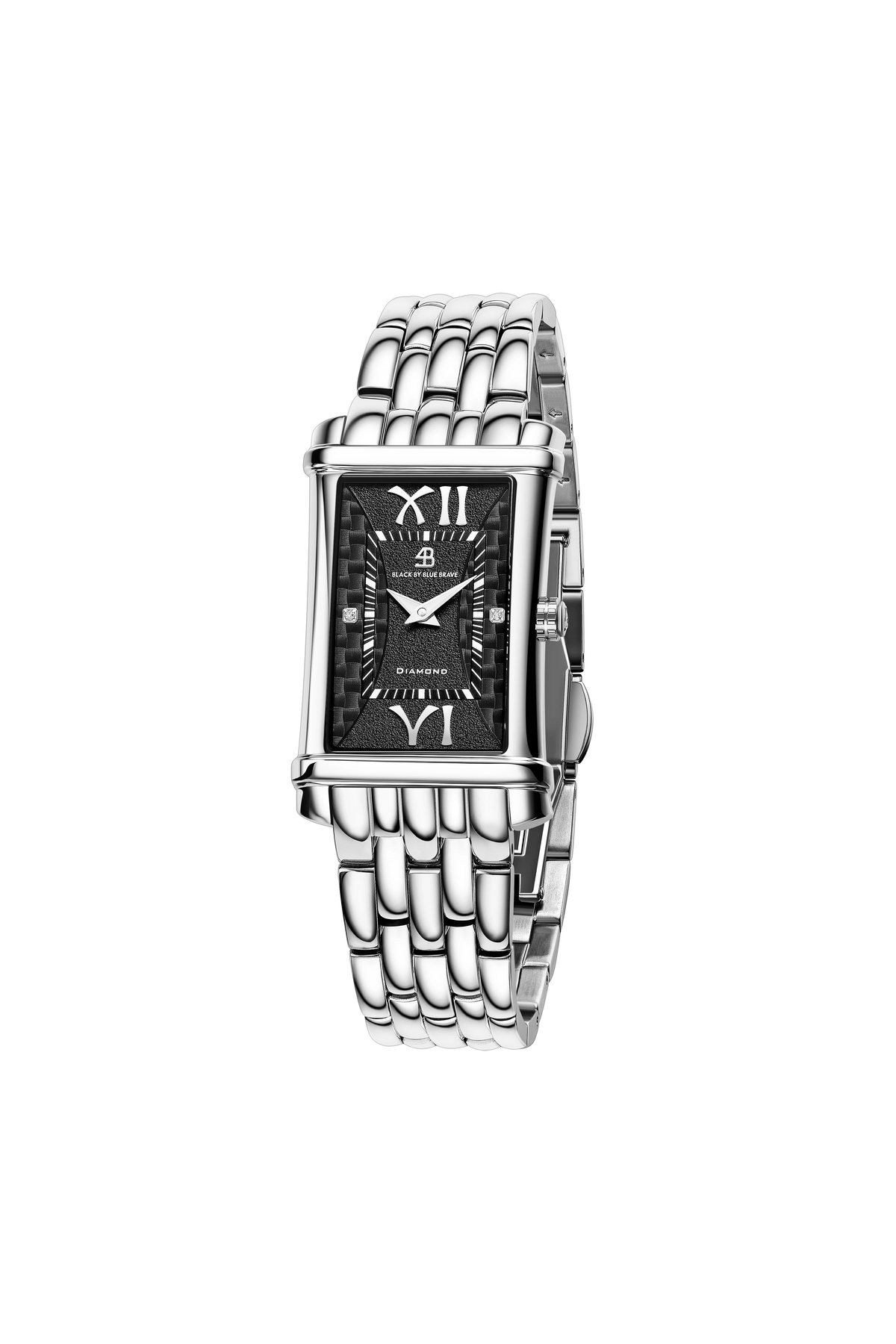 4B Rectangle Black Guilloche Dial Genuine Diamonds Silver