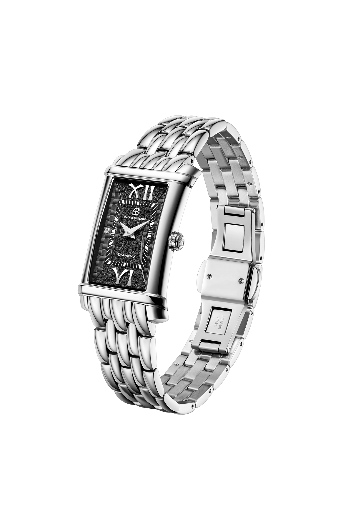 4B Rectangle Black Guilloche Dial Genuine Diamonds Silver