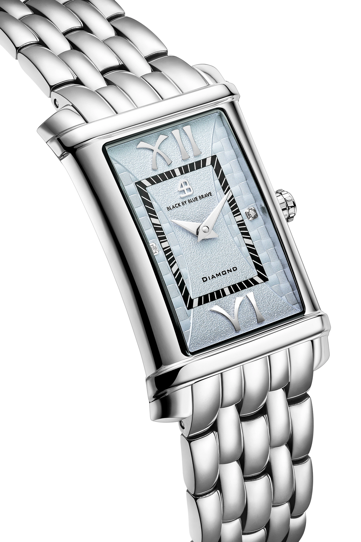 4B Rectangle Blue Guilloche Dial Genuine Diamonds Silver