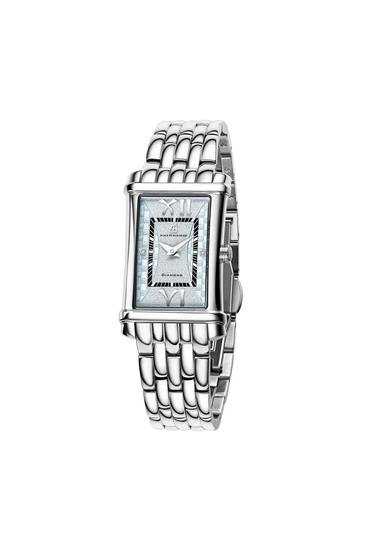 4B Rectangle Blue Guilloche Dial Genuine Diamonds Silver