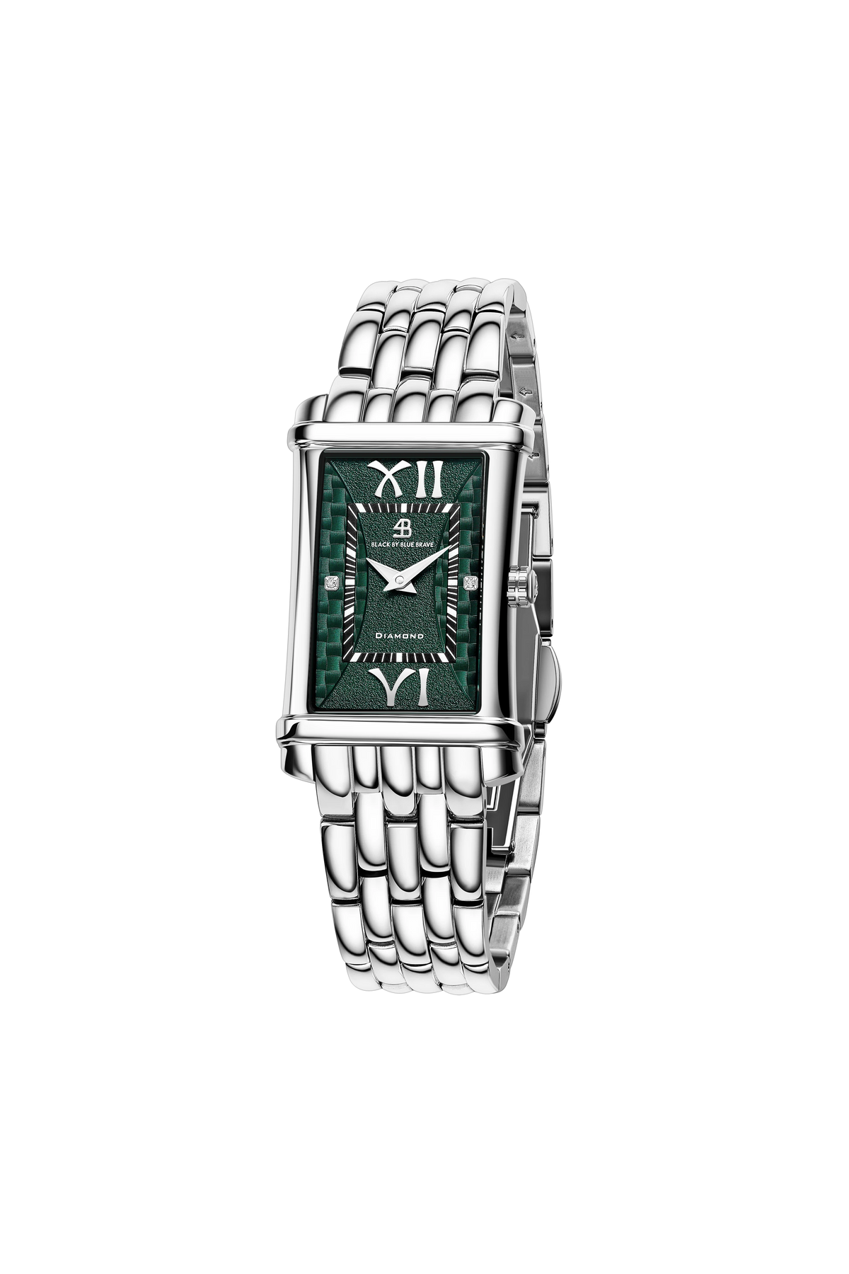 4B Rectangle Green Guilloche Dial Genuine Diamonds Silver