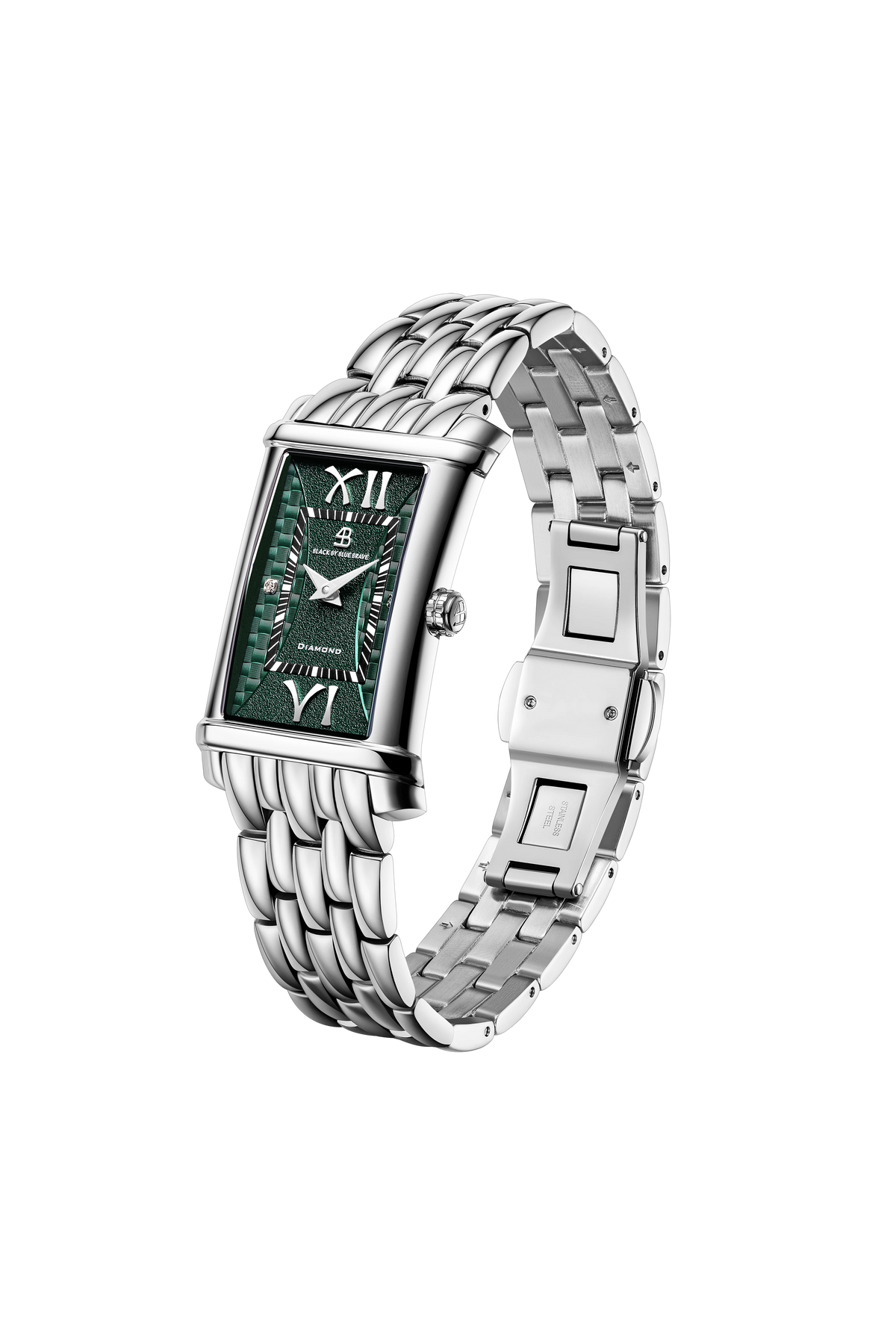 4B Rectangle Green Guilloche Dial Genuine Diamonds Silver